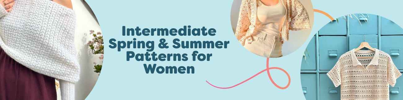 Collage of lightweight women's spring and summer knit and crochet patterns: tees, cardigans, and shawls in airy yarns and soft seasonal colors.