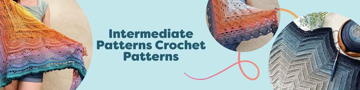 Collage of intermediate crochet patterns from Hobbii, featuring lace shawls and cozy baby blankets in textured stitches.