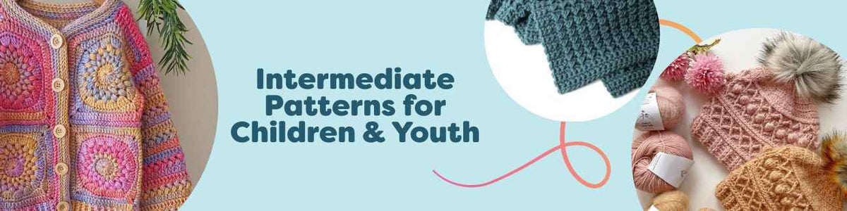 Kids and teens wearing handmade cardigans and beanies beside a cozy blanket and plush toy, featuring intermediate crochet and knit designs in Hobbii yarn.