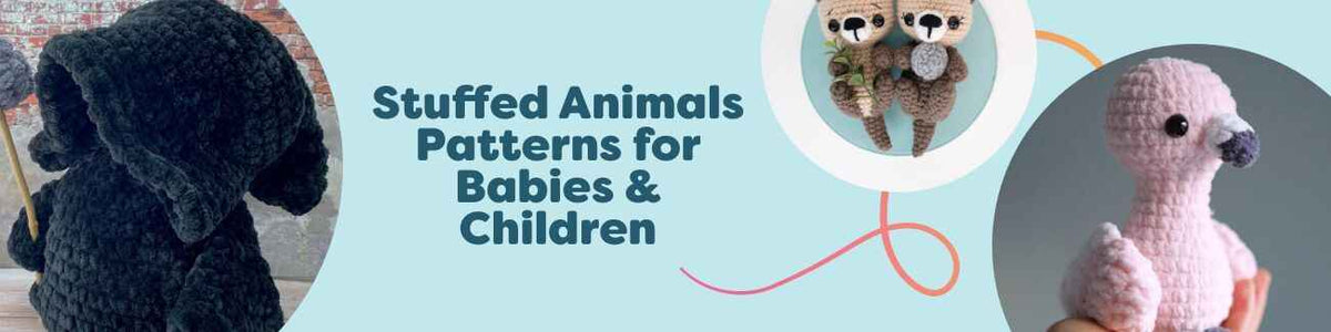 Collection of amigurumi stuffed animal crochet patterns for babies and kids—otter, flamingo, hedgehog, and more in soft pastel Hobbii yarns.