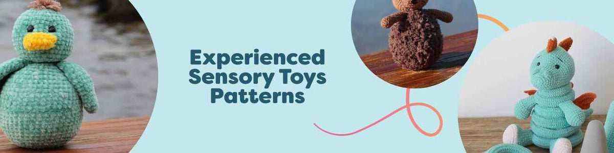 Selection of intermediate crochet sensory toy patterns from Hobbii: stacking cubes, stackable dino, and Tumle soft toys, styled with yarn and hooks.
