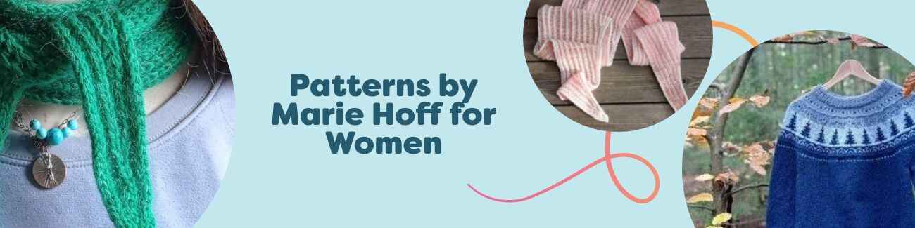 Women’s shawls, scarves, and sweaters from the Marie Hoff pattern collection at Hobbii, shown in soft yarns and neutral tones.