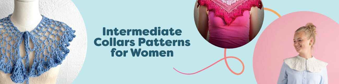 Collection image showing women's intermediate collar patterns from Hobbii: lace and textured knit and crochet collars in soft neutrals and bold shades.