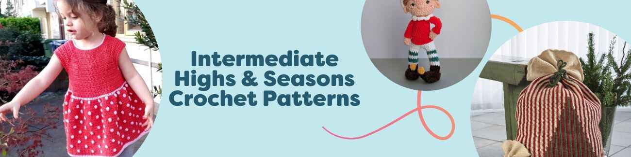 A curated set of free intermediate crochet patterns for holidays and seasons from Hobbii, featuring a beanie, mittens, a strawberry dress, and festive decor.