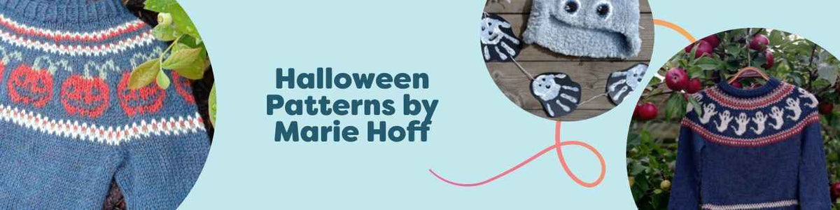 Collage of Halloween-themed knit and crochet patterns by Marie Hoff from Hobbii: pumpkin children's sweater, ghost Bhoo children's sweater, and monster hat in autumn colors.