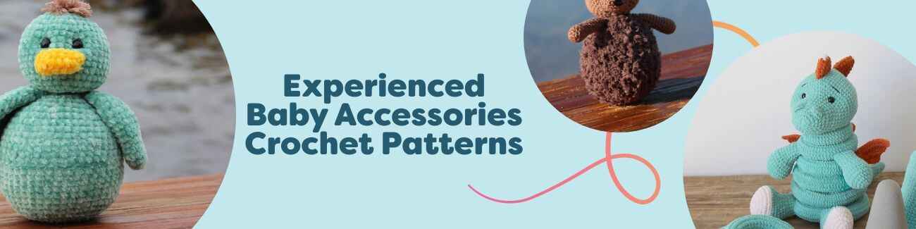 Collection image showing five intermediate-level baby accessory crochet patterns from Hobbii: deluxe baby blanket, stackable cubes, stackable dino, and cuddly soft toys in pastel yarns.