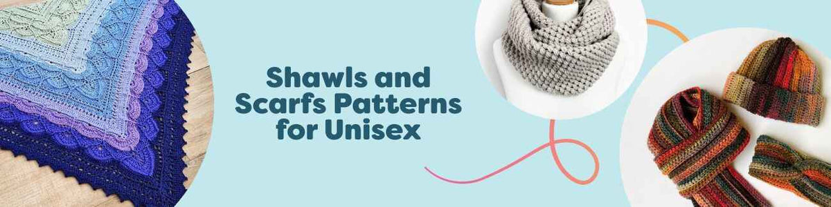 A selection of unisex shawls and scarves—knit and crochet—featuring an infinity scarf, lightweight shawl, and cozy ribbed scarf, styled with Hobbii yarn.