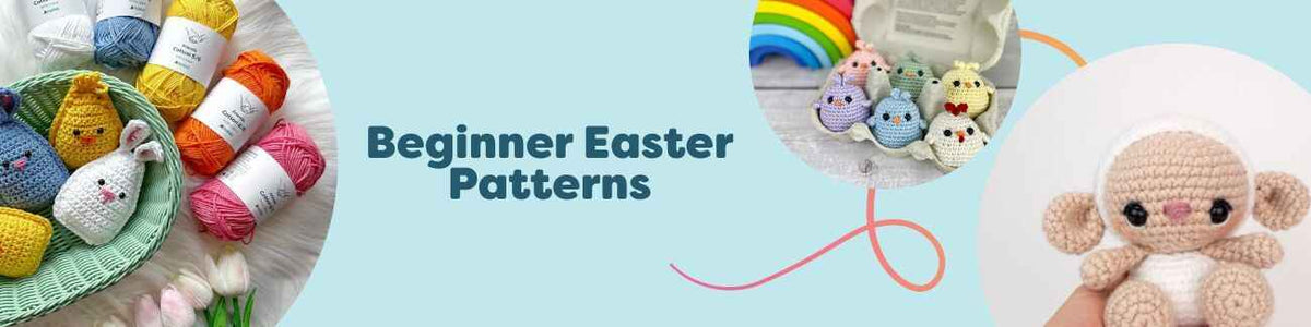 Collage of beginner Easter knitting and crochet patterns from Hobbii with pastel bunnies, chicks, eggs, and a lamb made in soft yarn.