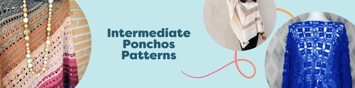 Assortment of intermediate poncho patterns from Hobbii, shown with finished ponchos and yarn balls featuring lace, cables, and colorwork.