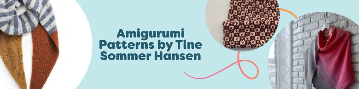 Assorted amigurumi toys by Tine Sommer Hansen on a pastel backdrop—colorful crocheted animals, dolls, and small figures made with Hobbii yarn.