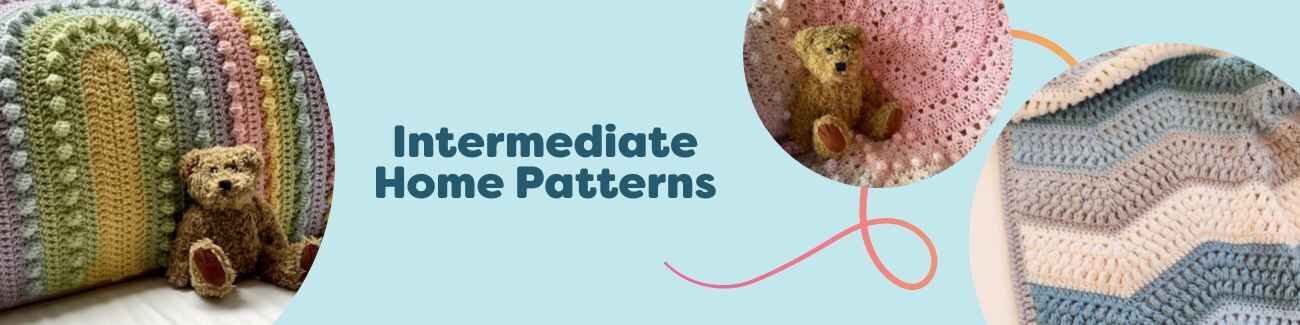 Selection of intermediate home patterns from Hobbii - textured crochet and knit blankets, pillows, and decor with yarn, hooks, and needles.