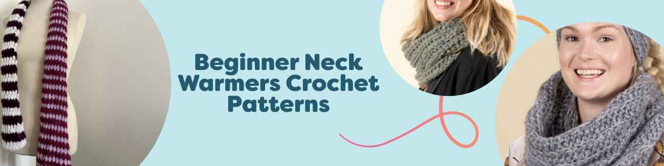 Collection of beginner-friendly crochet neck warmers—cowls, tube scarves, infinity scarves, and a simple scarf—made with soft Hobbii yarns.