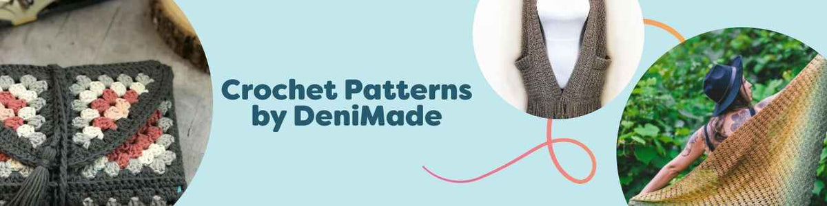 Crochet Patterns by DeniMade at Hobbii: pocket shawl, beanie, kerchief, and book cozy shown with coordinating yarn skeins on neutral backdrop.