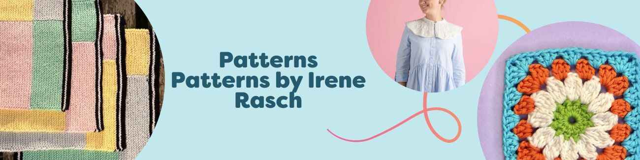Grid of Irene Rasch crochet and knit patterns from Hobbii, featuring granny squares, a bucket hat, a collar, a sweater, and a napkin made in soft yarns.
