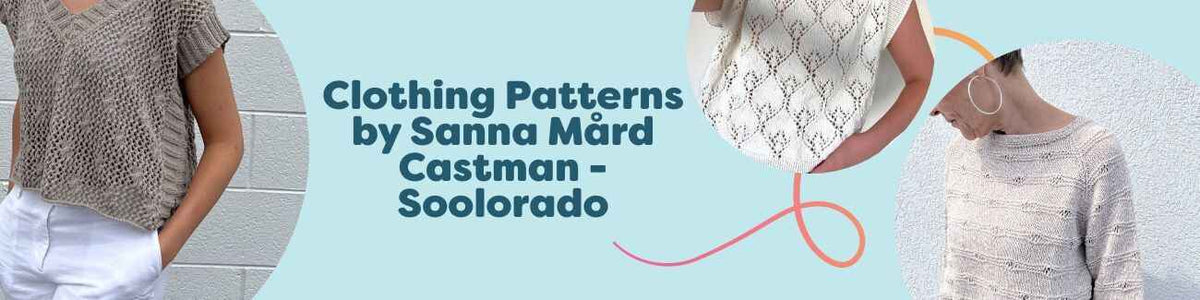 Collage of Sanna Mård Castman (Soolorado) clothing patterns at Hobbii featuring crochet and knit tops, halterneck styles, jumpers, and vests.