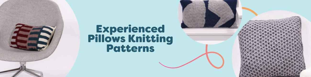 Collage showing five free pillow knitting patterns by Hobbii for experienced knitters: Åland, Faroe, Sunrise, Scotland, and Smock Stitch cushions.