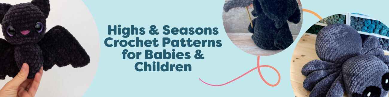 Seasonal crochet patterns for babies and children: cardigans, hats, scarves and cute amigurumi like a bat, styled with soft Hobbii yarns.