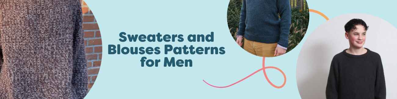 Grid of men's sweater and blouse knitting and crochet patterns from Hobbii - V-neck, zip, apres-ski, and classic styles in neutral tones.