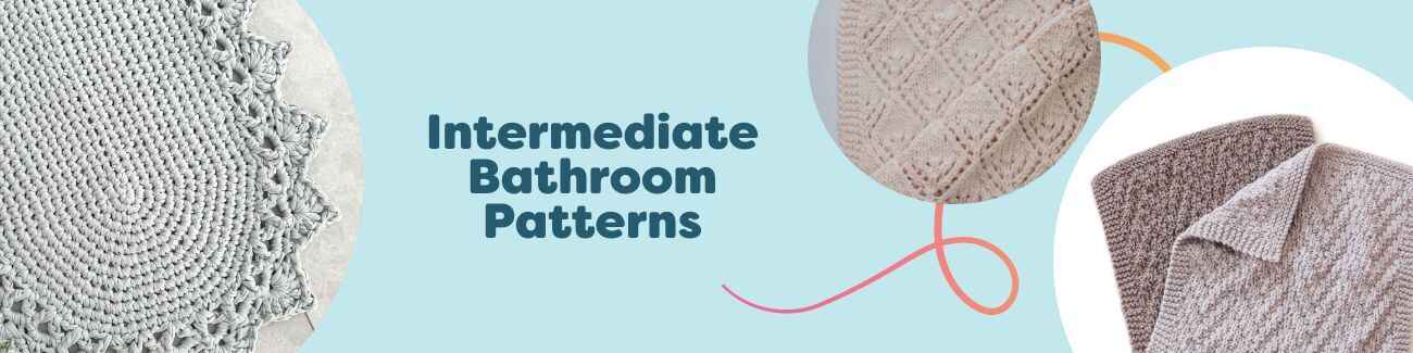 Intermediate bathroom crochet patterns from Hobbii shown together: a textured bath mat, chevron washcloth, hand towel, rug, and heart-shaped basket in coordinated yarn colors.