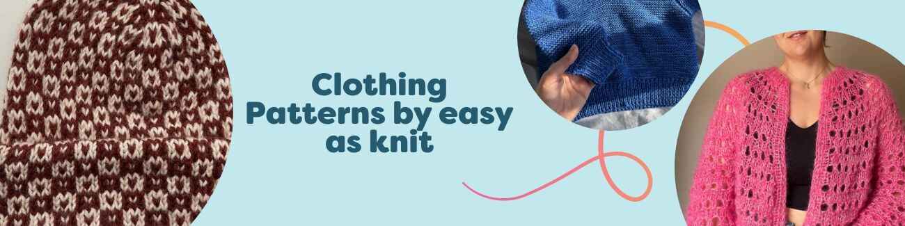 Assorted knitted and crocheted clothing patterns from easy as knit at Hobbii, featuring beanies, baby sweaters, cardigans, ruffle socks, and jumpers.