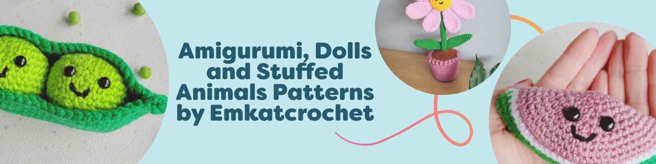 Amigurumi patterns by Emkatcrochet on Hobbii: peas in a pod, flowerpot, watermelon, and cherries displayed together.