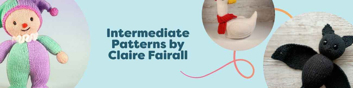 Collection image showing Claire Fairall intermediate crochet patterns from Hobbii, including amigurumi toys like Binky Clown, Winter Goose, Bernard Bat, and doll clothes playsets.