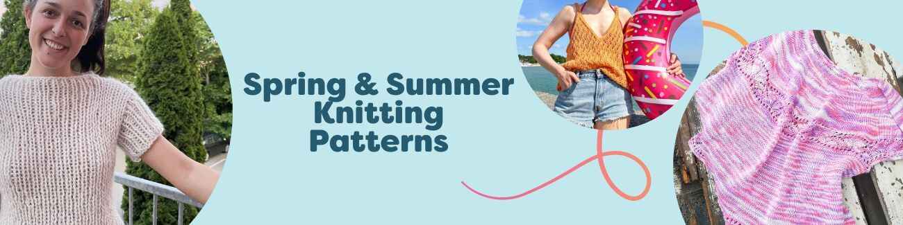 Assortment of lightweight knit tops, tees, and a summer poncho made with cotton and linen yarns in soft spring and summer colors, styled with Hobbii yarn skeins.
