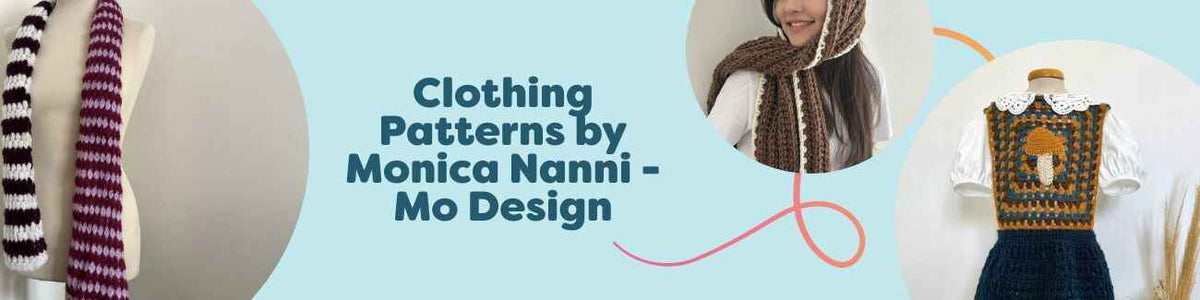 Selection of Monica Nanni (Mo Design) knitting and intermediate crochet patterns - scarves, beanies, socks, and kids' dress - available at Hobbii.