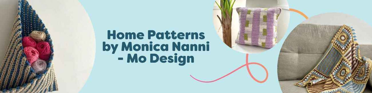 Crocheted home decor by Monica Nanni: hanging basket, accent pillow, and baby blanket in soft yarns, styled in a cozy living room.