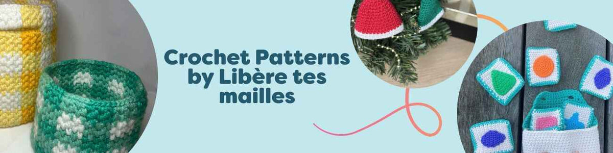 Collage of crochet projects by Libère tes mailles: Vichy basket set, Santa Claus coaster, Christmas hat ornament, memory game tiles, and Lisbeth headband made with Hobbii yarn.