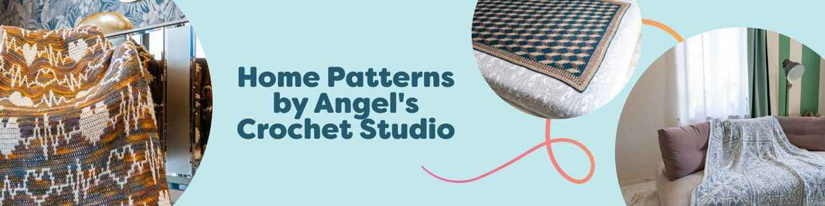 Selection of intermediate crochet patterns by Angel's Crochet Studio featuring textured throws and blankets styled in a modern home.