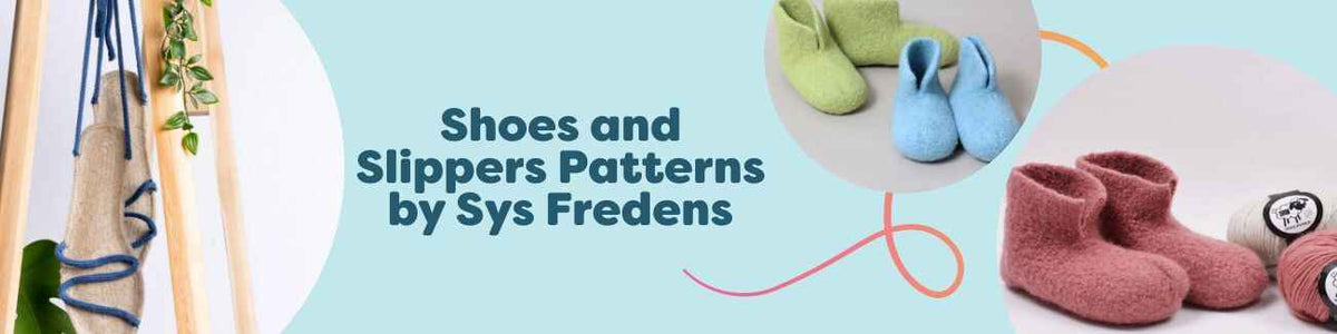 Collection image showing Sys Fredens shoes and slippers patterns from Hobbii: knitted and crocheted children's slippers, felted ballerinas, and espadrille designs with yarn.