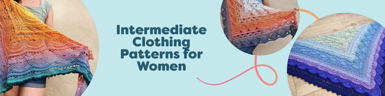 Women’s intermediate knit and crochet clothing patterns from Hobbii, including shawls and a cocoon cardigan, styled with coordinating yarn.