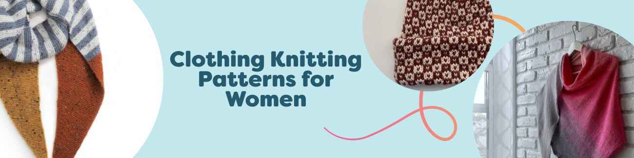 Assortment of women's clothing knitting patterns from Hobbii—scarf, beanie, shawl, and jumper styled on models with yarn details.