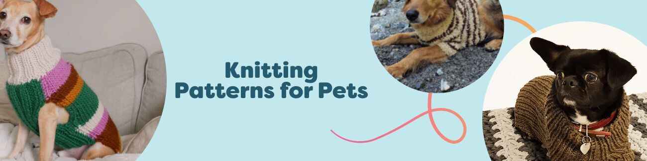 Knitting patterns for pets featuring cozy dog sweaters in multiple sizes, styled on small breeds, with soft Hobbii yarns.