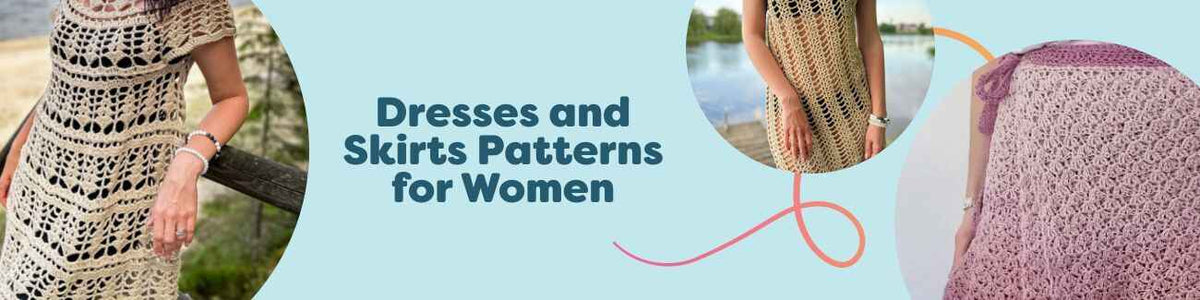 Models wearing handmade knit and crochet dresses and skirts in varied lengths and yarn weights, showcasing women’s patterns from Hobbii.