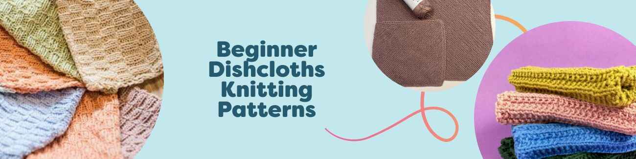Collection image showing free beginner dishcloth knitting patterns from Hobbii: rib stitch, basket stitch, Rille, and universal cloth designs in cotton yarn.