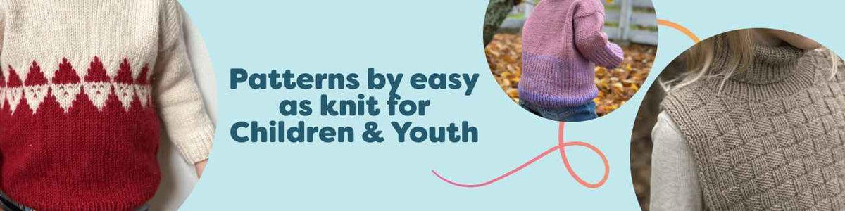 Easy as Knit children & youth patterns: junior sweaters, polo tee, square‑neck top, and Santa slipover, styled with Hobbii yarns.