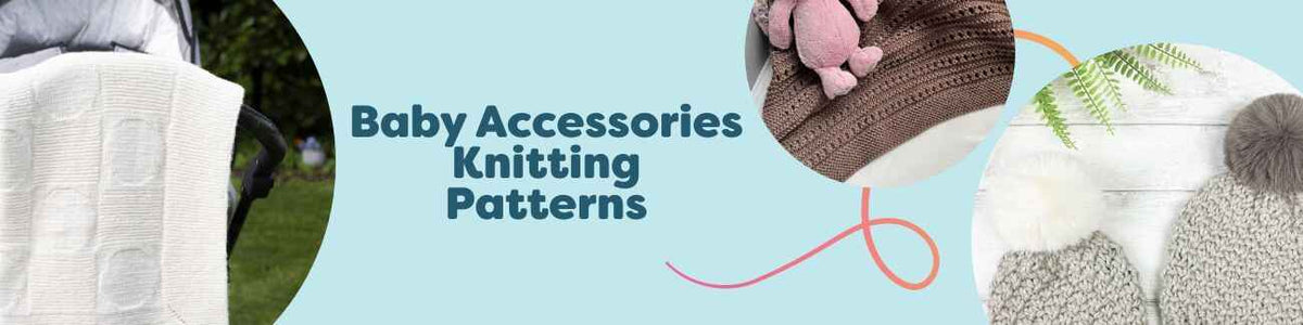 Cozy knitted baby accessories—blanket, bonnet, beanie, and comforter—styled in soft pastels, representing the Hobbii pattern collection.