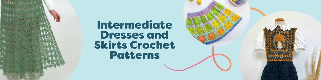 Hobbii collection of free intermediate crochet dress and skirt patterns, featuring lace skirts, mini dresses, and kids’ dresses.