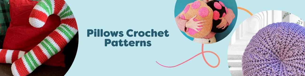 Selection of crochet pillow patterns from Hobbii: candy cane, cat paw, donut, love cushion, and spring wheel pillows styled on a sofa with yarn and hooks.