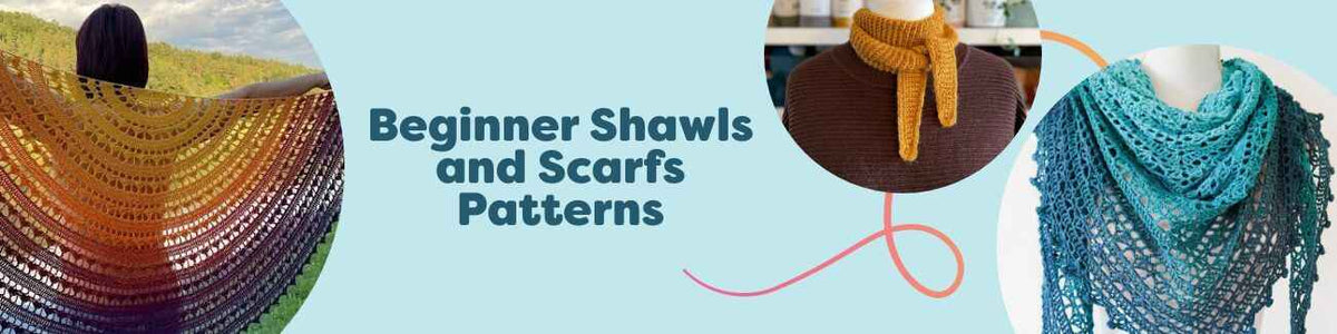 Assorted beginner-friendly knit and crochet shawls and scarves styled with Hobbii yarn skeins in soft, cozy textures.