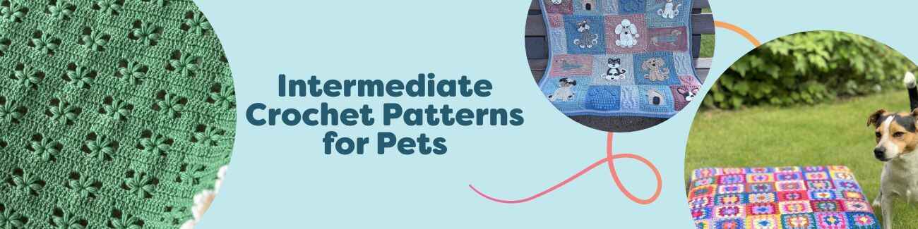 Collage of pet crochet projects: blankets, a dog bed, and neckerchiefs made with Hobbii yarn, suitable for intermediate crocheters.