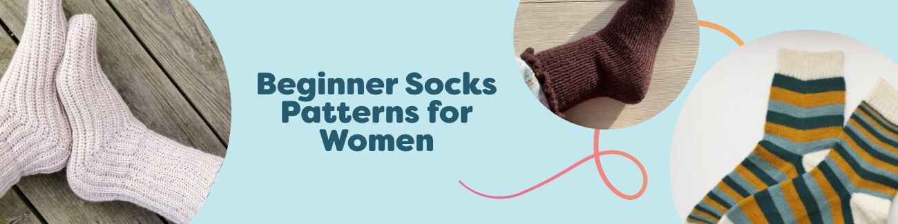 Flat lay of beginner women’s knit and crochet sock patterns, including striped, ribbed, and ruffle socks plus cozy slippers, styled with Hobbii yarn and tools.