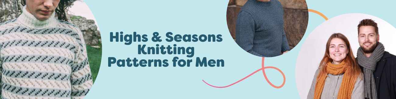 Collage of free men's knitting patterns and intermediate crochet patterns for all seasons by Hobbii—scarves, mitts, sweaters, and hats in neutral yarn tones.