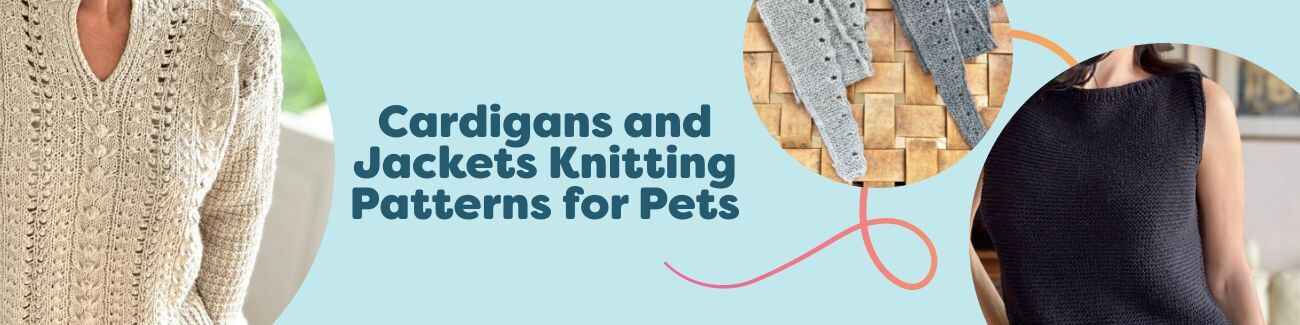 A lineup of dogs and cats wearing hand-knit cardigans and jackets in various colors, featuring cables, ribbing, and button closures, made with Hobbii yarn.