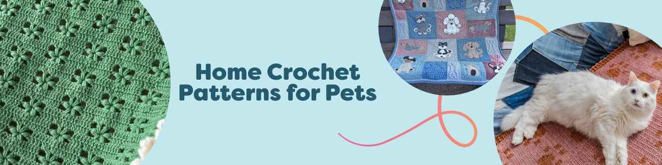 A cozy living room scene with a crocheted pet blanket, a kitty couch, and a round cat/dog bed in neutral Hobbii yarns, with a cat and small dog relaxing.