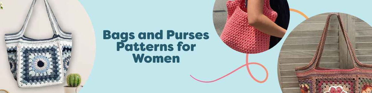 Assortment of handmade crochet bags and purses for women in various styles—totes, handbags, and crossbody designs—made with Hobbii yarn.
