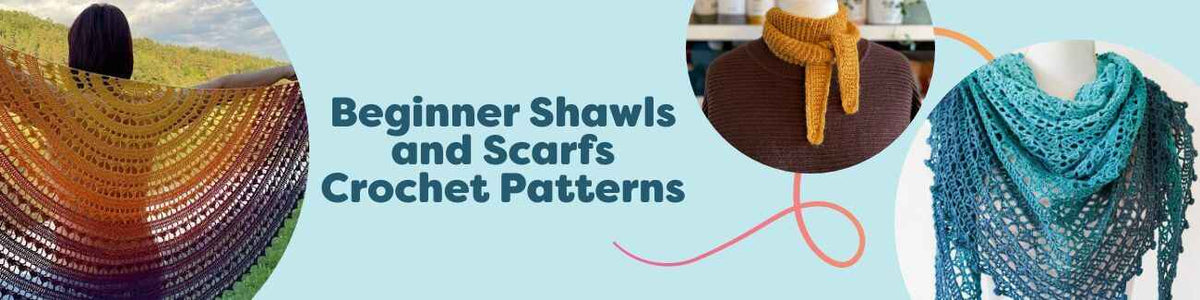 Curated beginner crochet shawls and scarves from Hobbii, featuring simple stitches, soft yarns, and easy triangle and rectangle shapes laid out together.