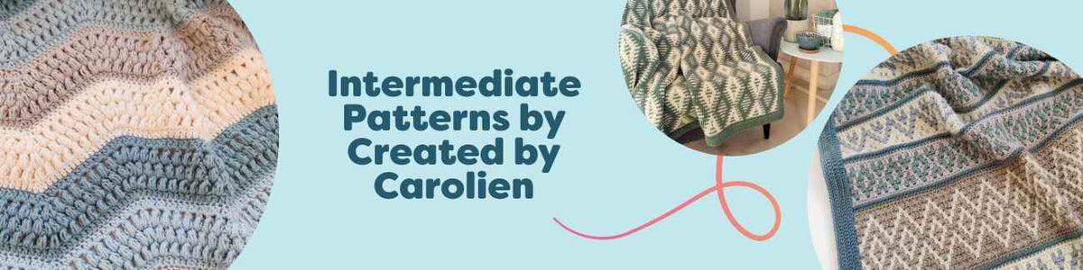Collection image of intermediate crochet patterns by Created by Carolien at Hobbii, featuring blankets, bags, and mandalas with textured stitches.